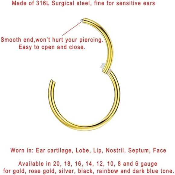 FANSING 316L Surgical Steel Hinged Nose Rings Hoop for Men and Women Piercings - Picture 2 of 7